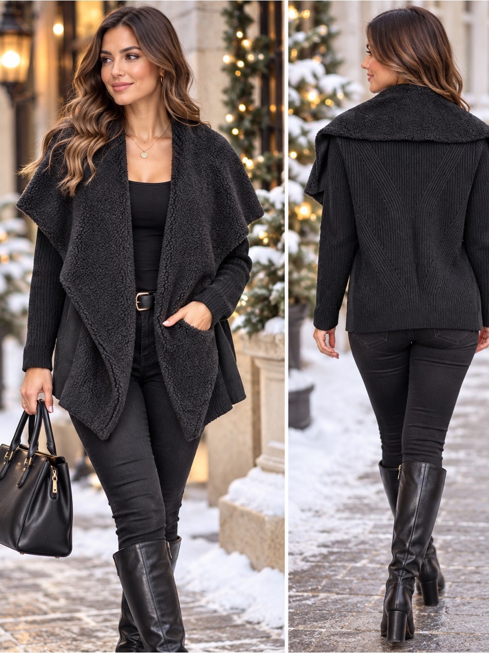 AQUA Black Faux Fur Collar Sweater Cardigan Size M Open Front Cozy Chic